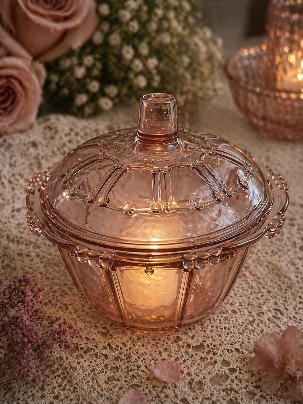 Vintage Pink Glass Fairy Lamp Lidded Dish Cottagecore Romantic Glow
